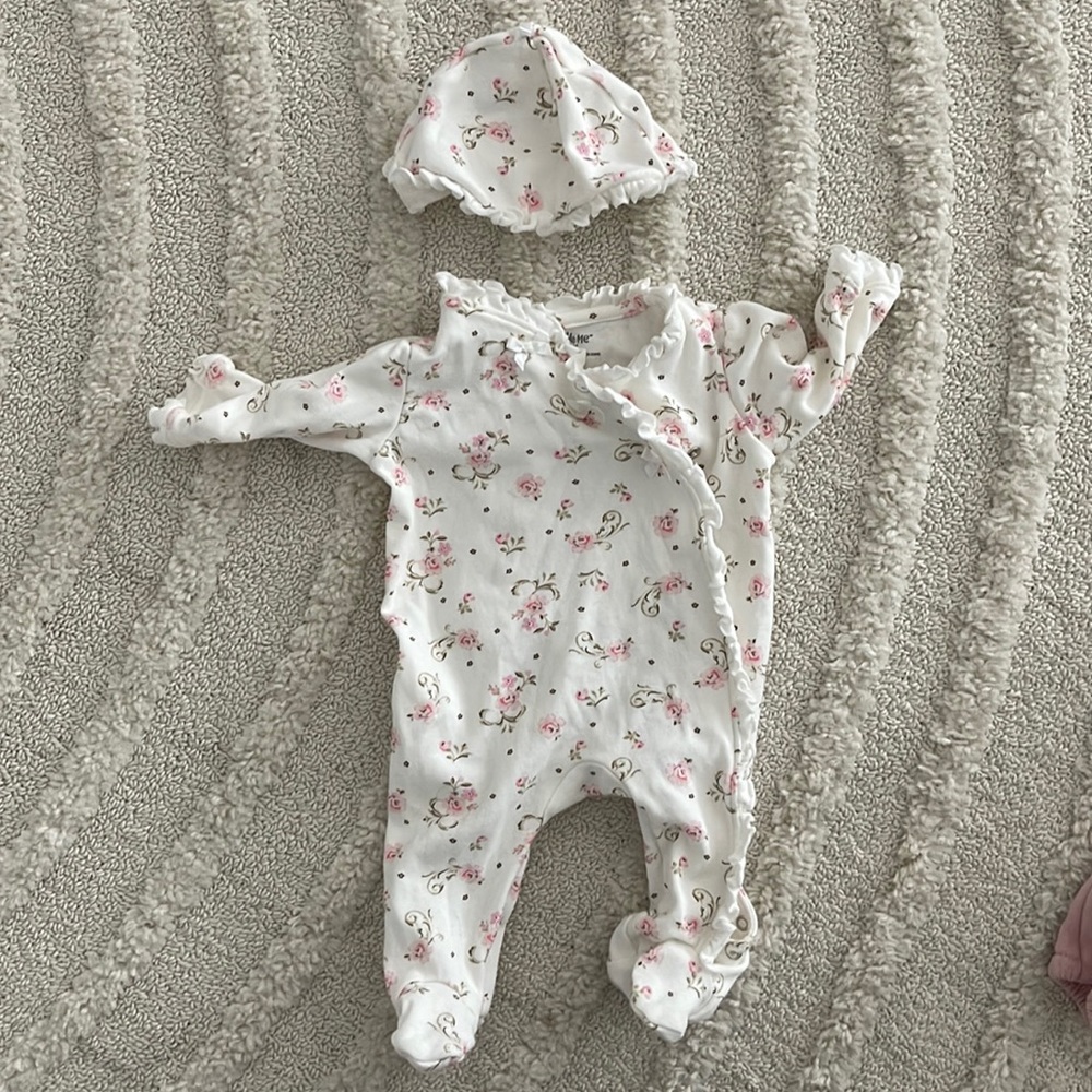 Little Me footed onesie with pink flowers